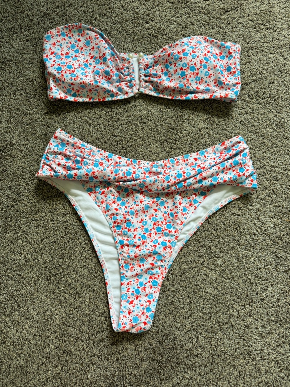 Floral Bandeau Bikini Set - White with Red & Blue Floral Print